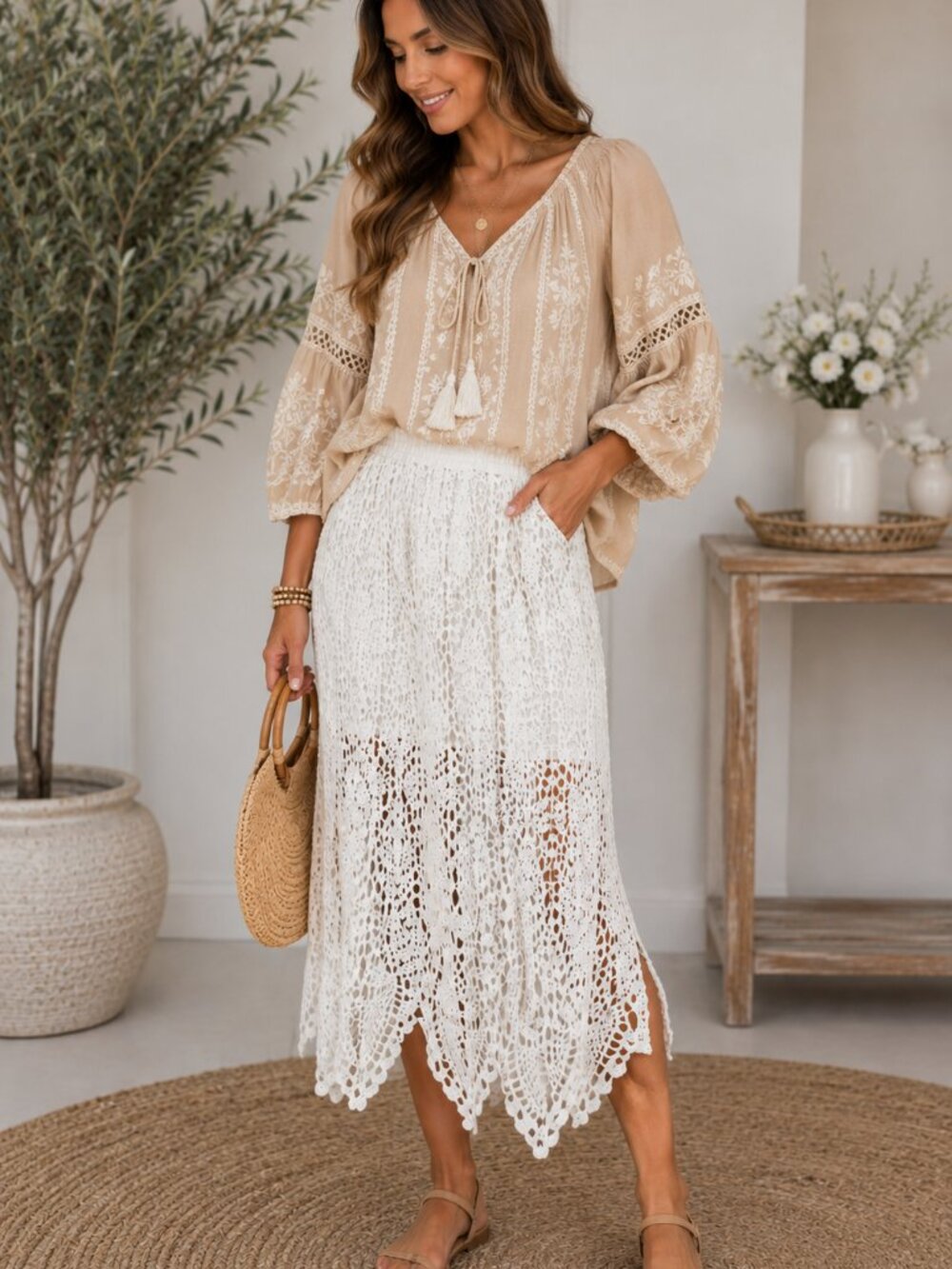 POL White Crochet Cotton Midi Skirt Boho Cottagecore Coastal Small NWOT